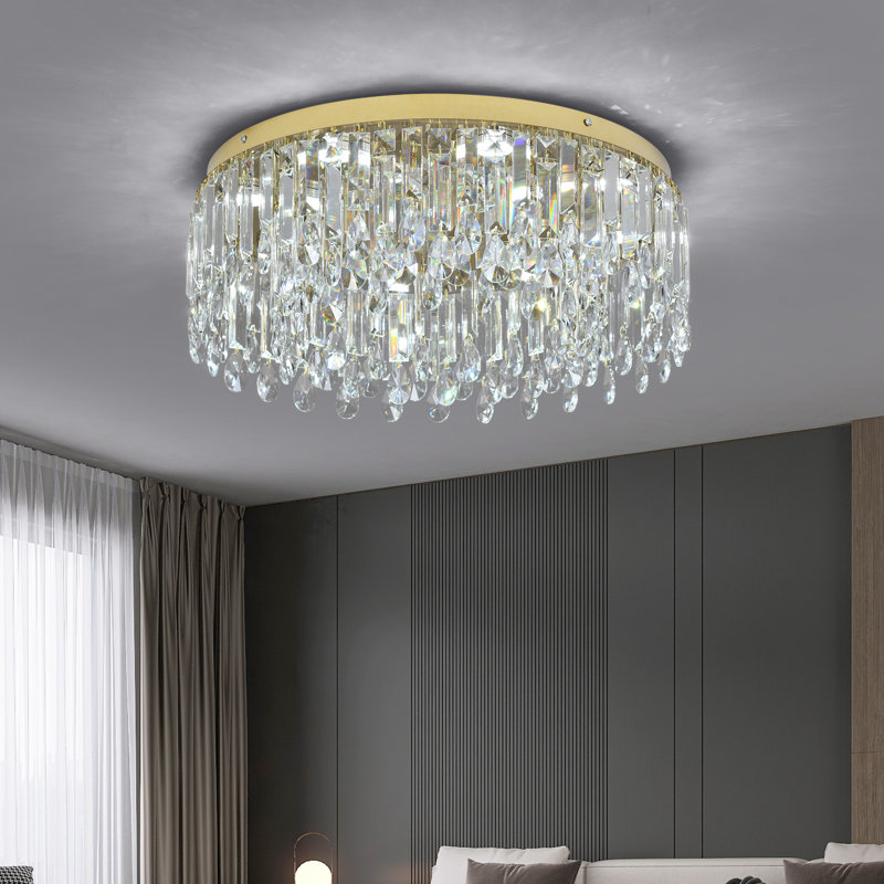  Modern 19.7" Gold Chandelier, K9 Crystal Flush Mount Ceiling Light Fixture Luxury Tri-Color LED Lighting for Living Room Dining Room Bedroom