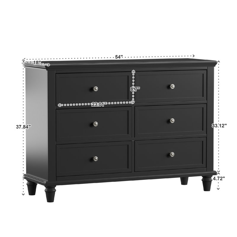 Jazmond 54" W 6-Drawer Solid and Manufactured Wood Double Dresser , Vulcan Black