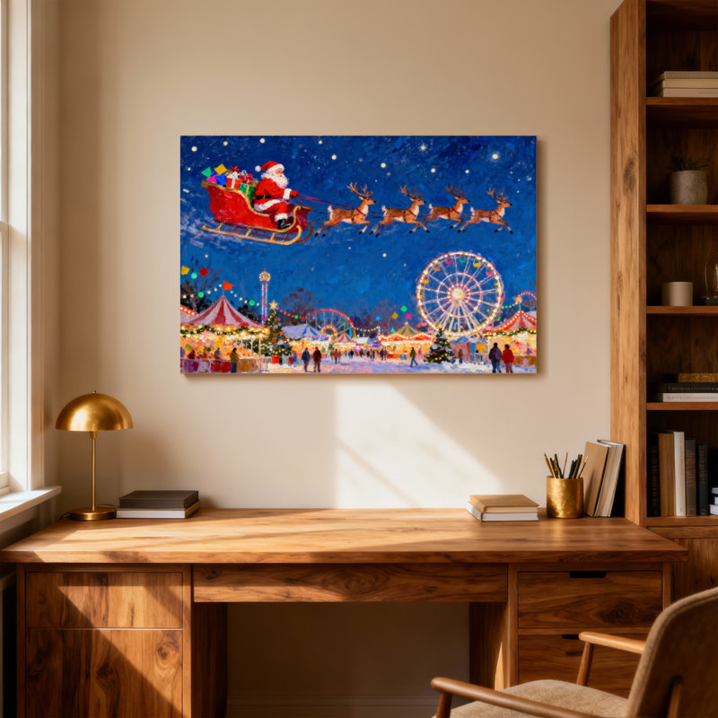 Père Noël survolant le marché de Noël, H 12 po x l 18 po