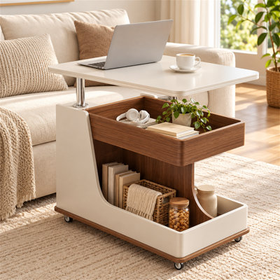 Lift Top Side Table with Storage, Rolling Sofa End Table with Adjustable Height, Stone Top, Storage Compartments and Lockable Wheels, for Living Room and Bedroom, White and Walnut