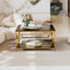 Table basse carrée en verre de 33,5 po, cadre géométrique luxueux, finition dorée et tablette inférieure