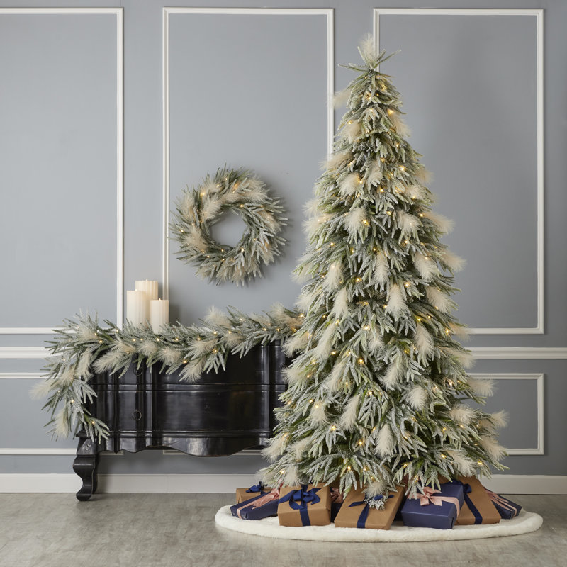 Flocked Realistic Pine and Pampas Christmas Tree 550 Warm White LED Lights - Includes a Storage Bag & Remote Control, 7.5'