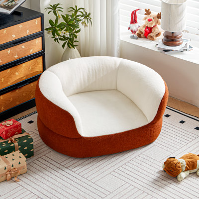 39.4" Orthopedic Dog Couch Bed With High Backrest No Assembly Required, Furniture Style Elevated Doggy Chaise With Supportive Foam For Dogs Up To 75lbs, Round Faux Shearling Pet Sofa Bed With Removable Leather Cover For Living Room Bedroom