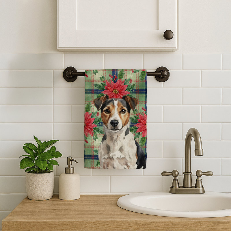 Tricolor Russell Terrier Christmas PoinsettIas Kitchen Towel, Black/White/Brown Russell Terrier