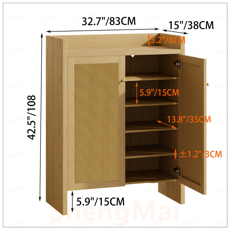 Armoire à chaussures en rotin avec portes, tablettes réglables à 6 niveaux, organisateur autoportant en bois pour le vestibule et le couloir