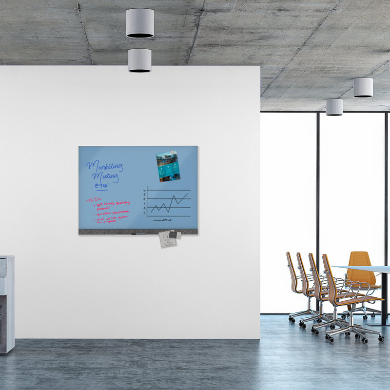 Wall Mounted Glass Dry Erase Board, 47" X 35", Blue Surface, White Aluminum Frame, 47" x 35"