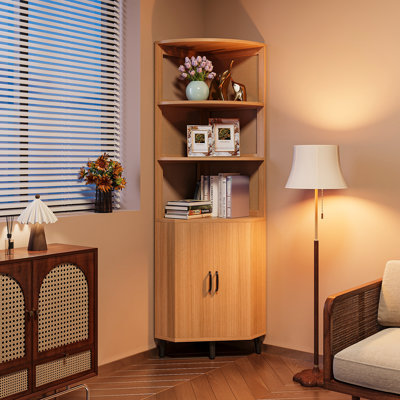 69.7’’H X 17.7’’ W Rattan And Wood Fan-Shaped Storage Bookcase With Doors, 3-Tier Corner Shelf With Cabinet