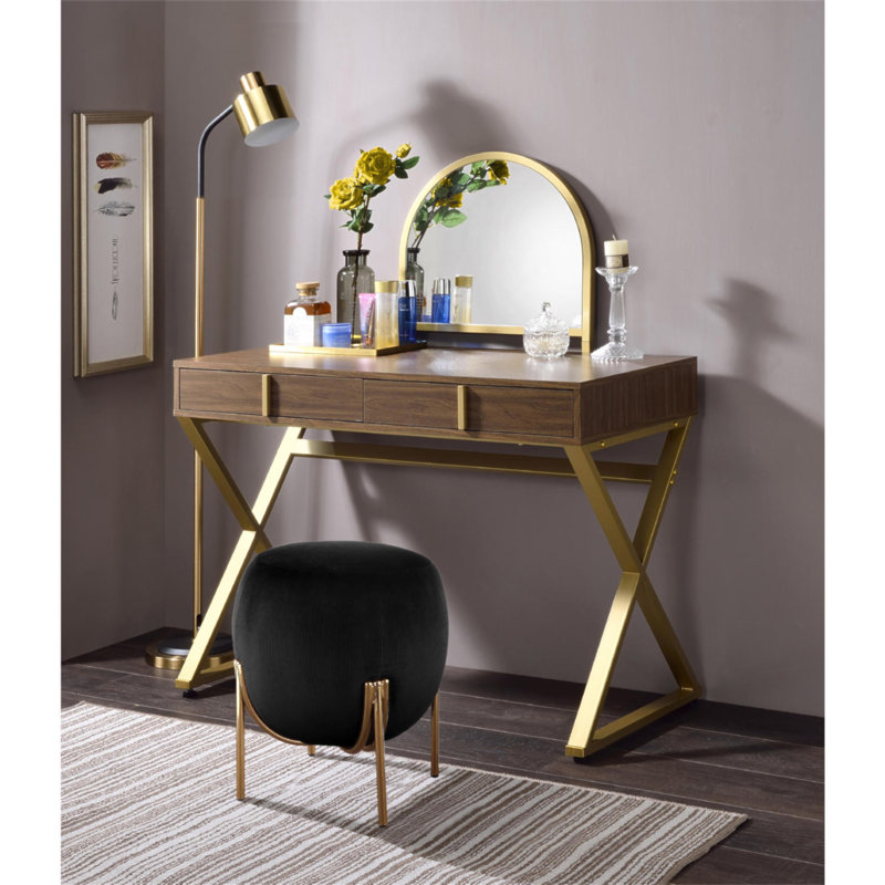 Bureau de coiffeuse 2 tiroirs avec miroir et plateau à bijoux, noyer et or