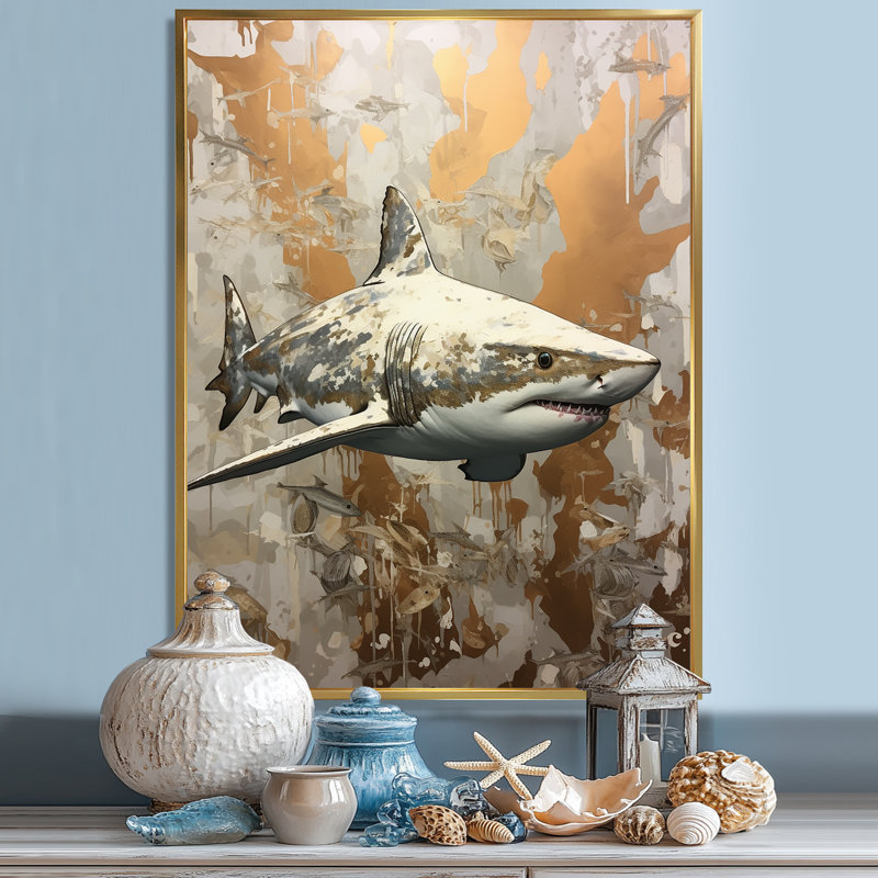 " Minimalism Shark Painting In Golden Beige II ", Gold Floater Framed, 44" H x 34" W x 1.5" D