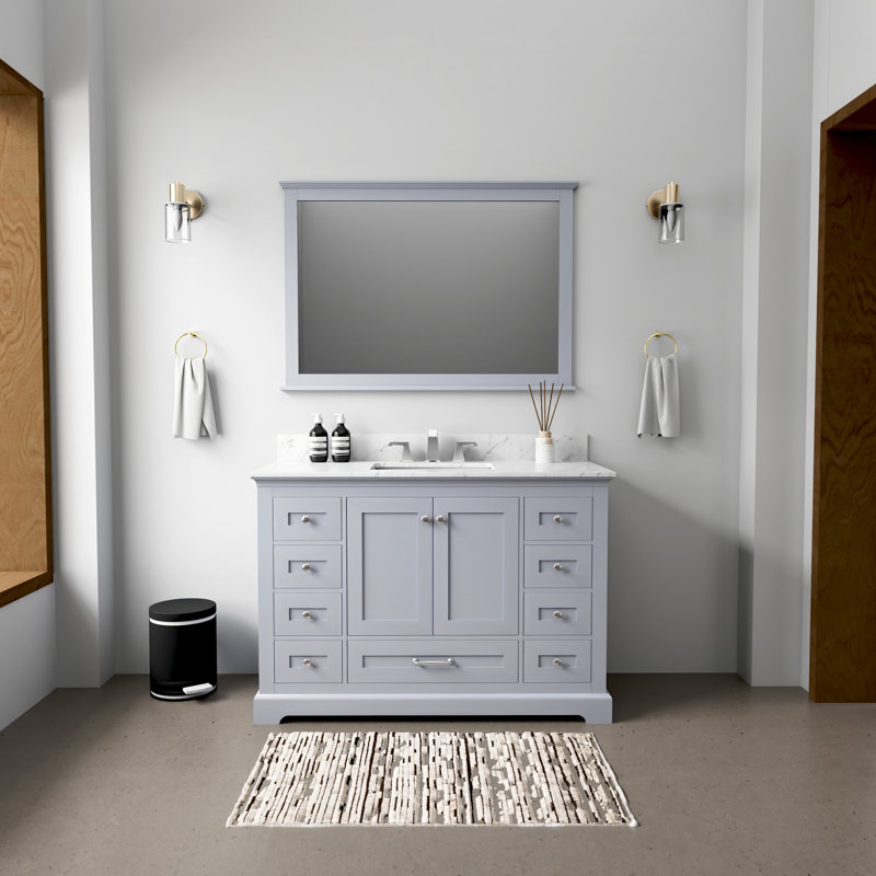 Dukes 48"  Single Vanity, Square Sink And 46" Mirror W/ Faucet, Dark Gray, White Carrara Marble