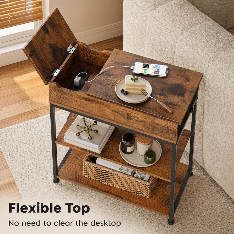 Reggis 24'' End Table with Power Outlets & USB, Side Table with Drawer and 2 Shelves, Farmhouse Side Table for Small Spaces, End Table With Drawer For Living Room, Bedroom