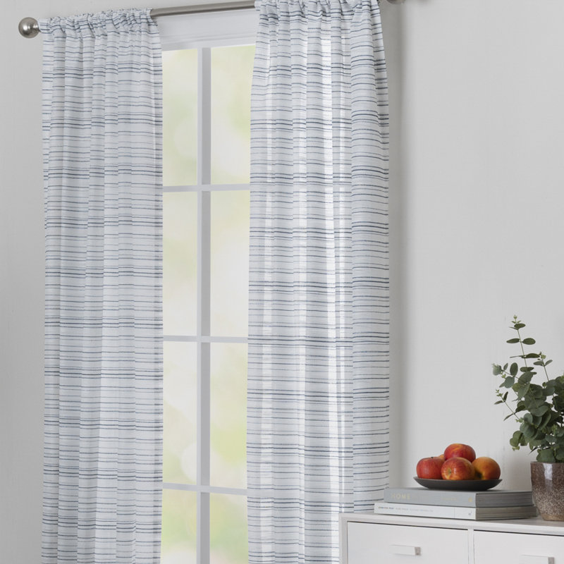 Cemya 100% Polyester Light Filtering Horizontal Stripped Curtain Panel with Rod Pocket Top , 52" W x 95" L, Navy