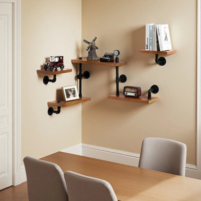 Industrial Rustic Solid Wood Ladder Pipe Wall Shelf 5 Layer Pipe Design Bookshelf DIY Shelving