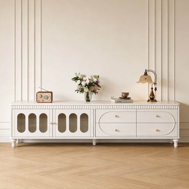 French-style vintage storage TV cabinet, 24"H x 78.7"L x 15.7"W, Crème