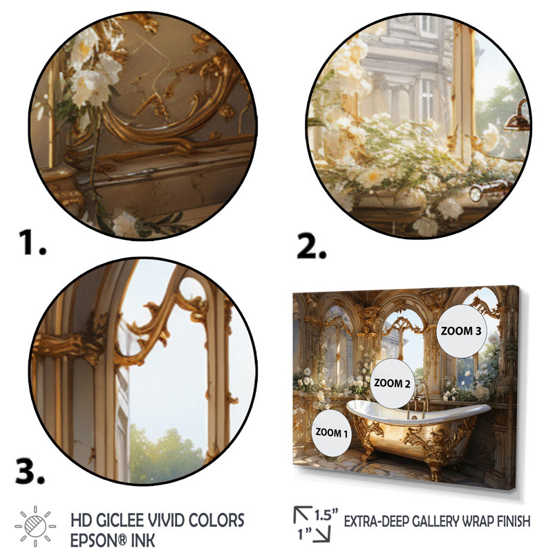 «Bathroom Golden Luxe III» - Art mural encadré pour salle de bain, H 30 po x l 40 po, Reproduction avec cadre flottant, Blanc