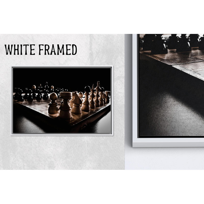 Elegant Chess Board Canvas Print: Black and White Strategy Game Artwork,1P WhiteFramedCanvas, H: 23.7 x W:31.6 inches