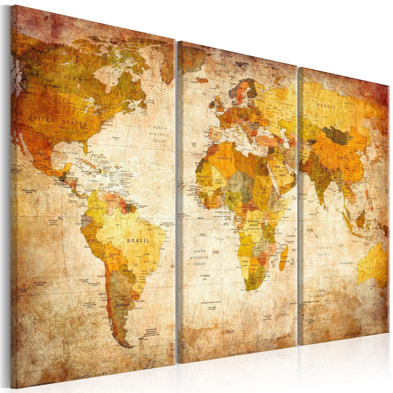 Toile tendue, carte du monde, voyage antique, H 16 po x l 24 po x P 0,7 po