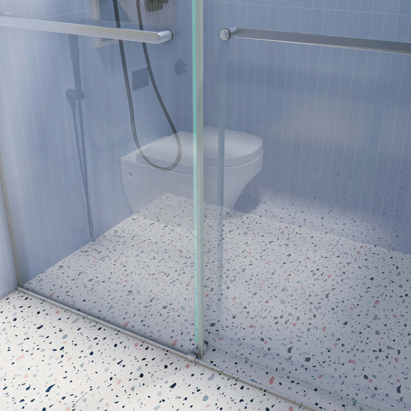 Porte de douche coulissante double sans cadre à fermeture en douceur, verre trempé épais de première qualité et revêtement facile à nettoyer en chrome