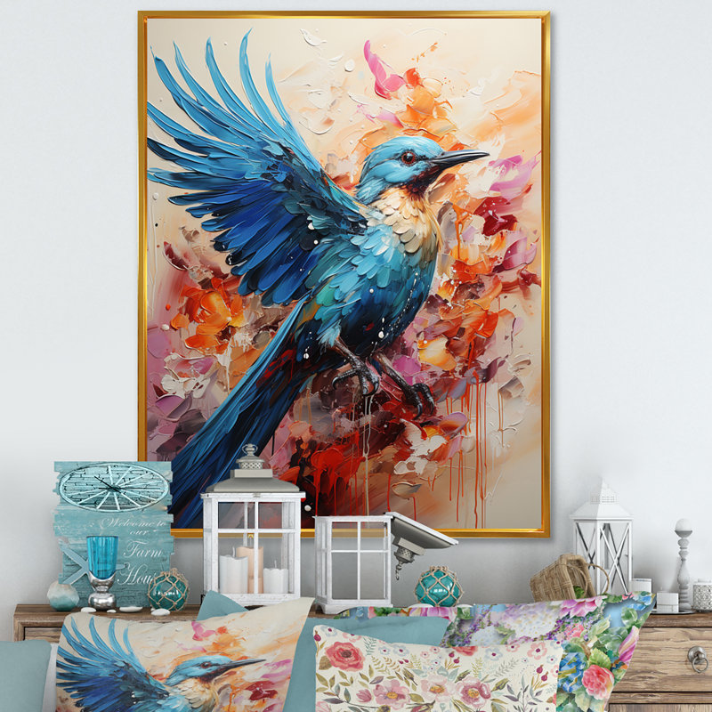 Clairevale Animal Azure Birds Drips - Imprimé, H 32 po x l 24 po x P 1 po, Cadre flottant doré