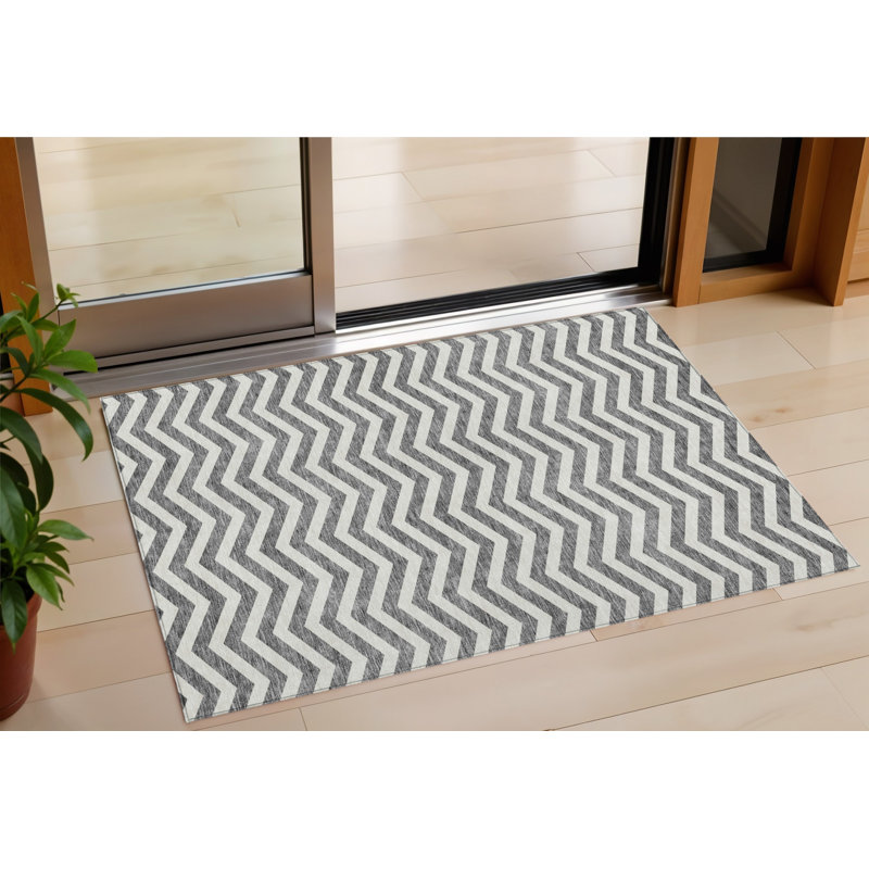 3' X 5' Gray And Ivory Chevron Washable Indoor Outdoor Area Rug