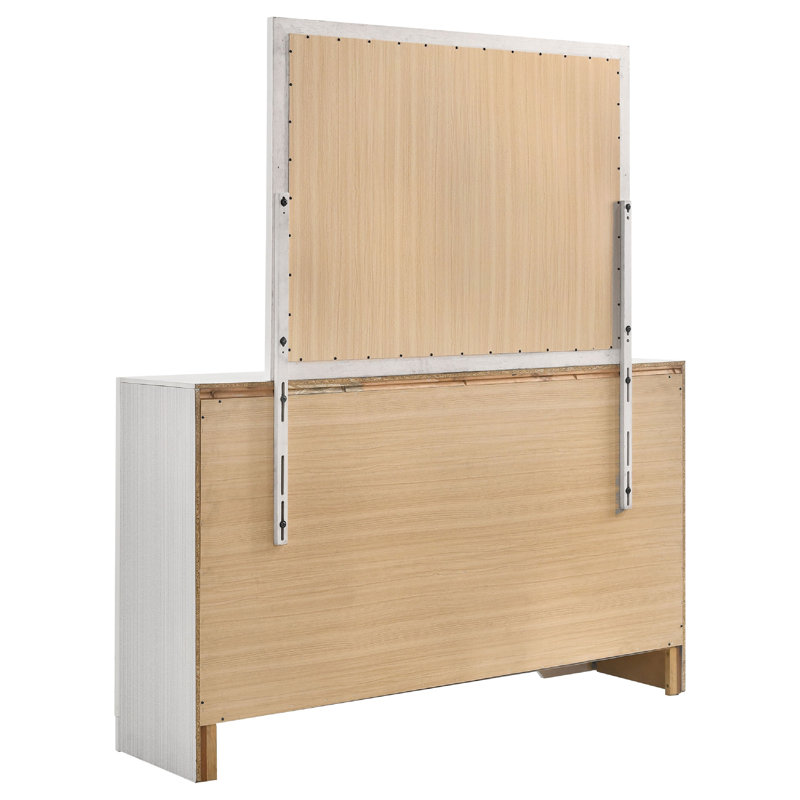 Grande commode Vino avec miroir, 7 tiroirs, blanc moderne, décor chromé, Blanc