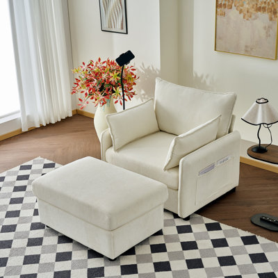 Chaise longue surdimensionnée de 55 po pour l'intérieur avec repose-pieds et rangement, canapé simple en velours côtelé confortable, chaise longue rembourrée avec coussins pour salon, chambre à coucher, appartement, beige.