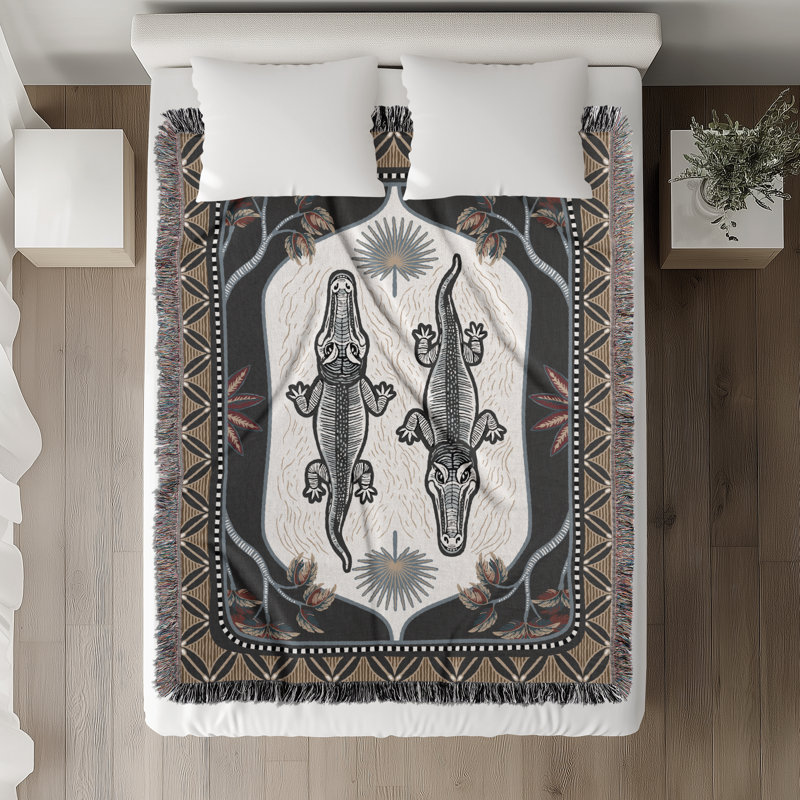Crito Crocodile Cotton Blend Blanket Throw, 60" L x 60" W, Gray/Beige/Off White