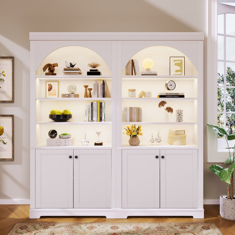 Bibliothèque haute à 4 niveaux avec éclairage DEL, portes et étagères ouvertes réglables, meuble de rangement blanc moderne pour salon et bureau à domicile