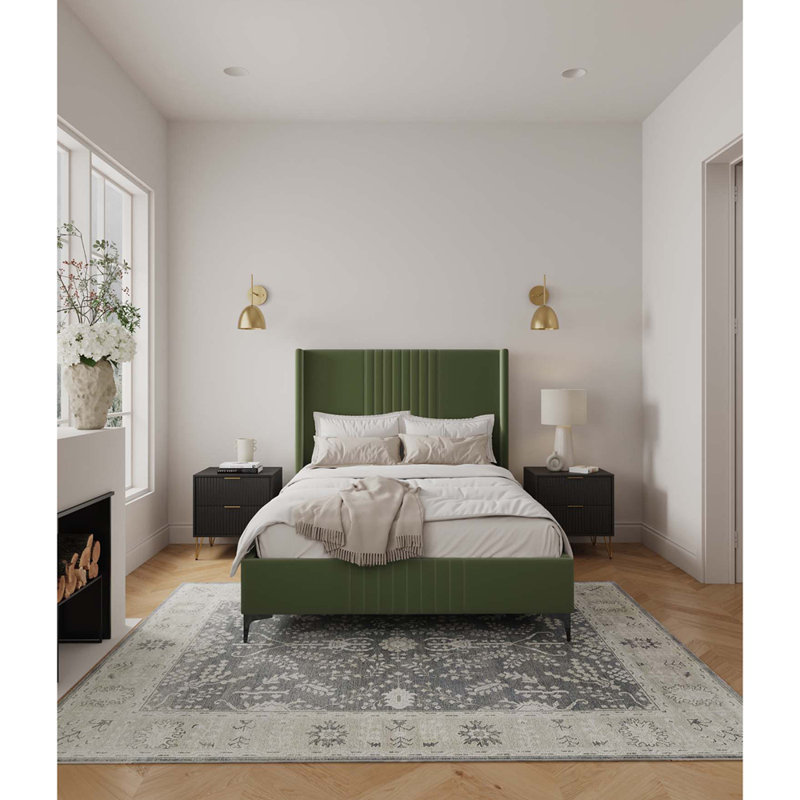 Lit plateforme en velours vert eucalyptus Promade Mid-Century, Grand, Vert mousse