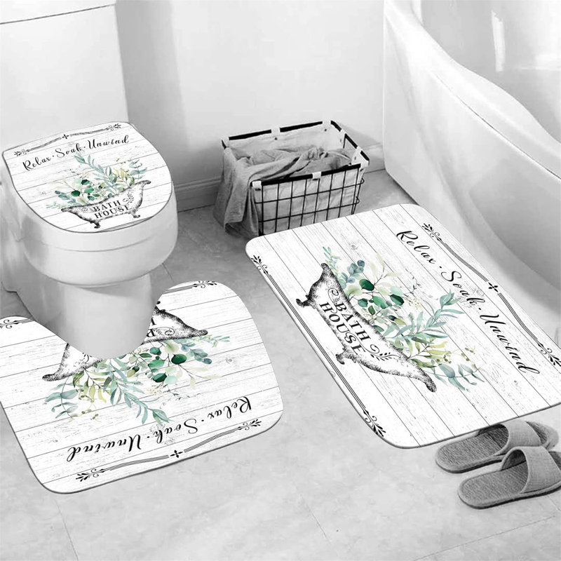 Ensemble de rideau de douche Farmhouse "Relax Soak Unwind" 4 pièces Accessoire de salle de bain antidérapant