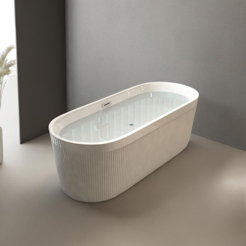Baignoire autoportante autoportante de 59 po en acrylique linéaire, blanc brillant, bonde chromée Pop-Up, certifiée cUPC 