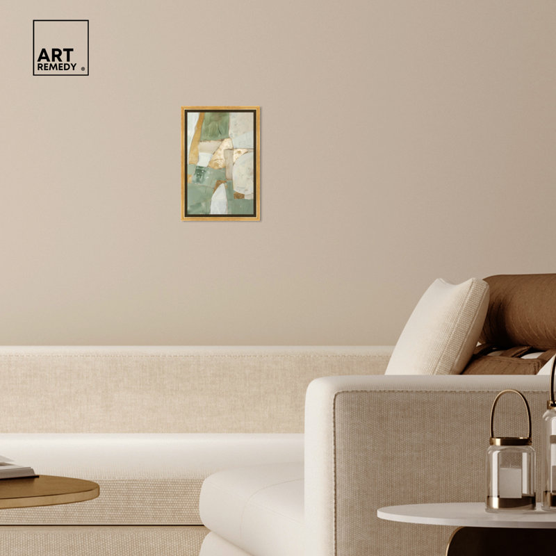 «Sage Green Boho», art mural abstrait élégant par Art Remedy, Cadre noir, H 16 po x l 11 po