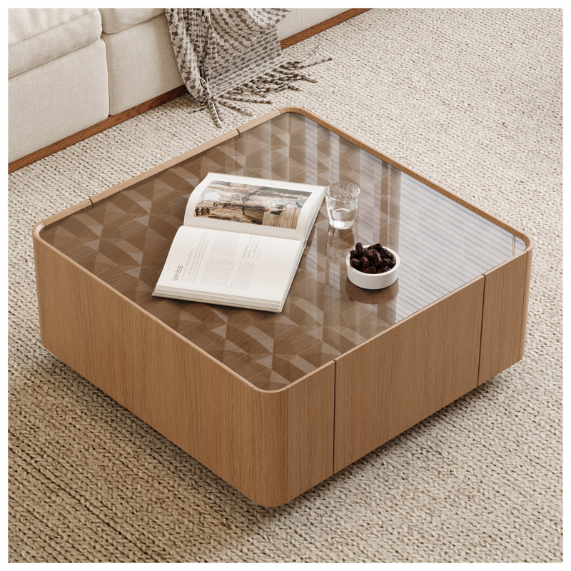 Table basse de 31,5 pouces carrée avec rangement, conception moderne en bois avec plateau en verre pour le salon et le bureau
