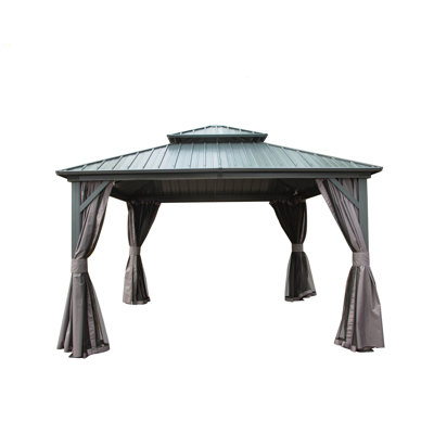 Pavillon de jardin à toit rigide de 12 pi x 12 pi, pavillon en métal et aluminium avec double toit en acier galvanisé, rideau et filet, pavillon de pavillon permanent pour patio, cour arrière, terrasse, pelouse