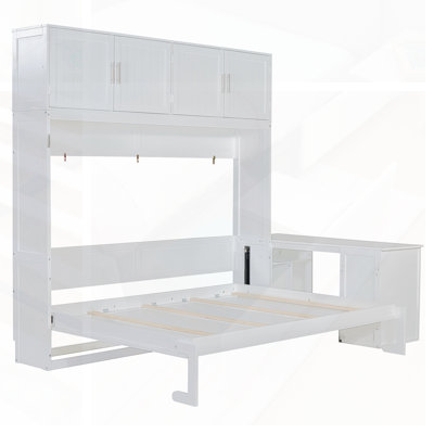 Grand lit escamotable mural avec bureau, tablettes de rangement et grandes armoires pour une utilisation polyvalente et peu encombrante