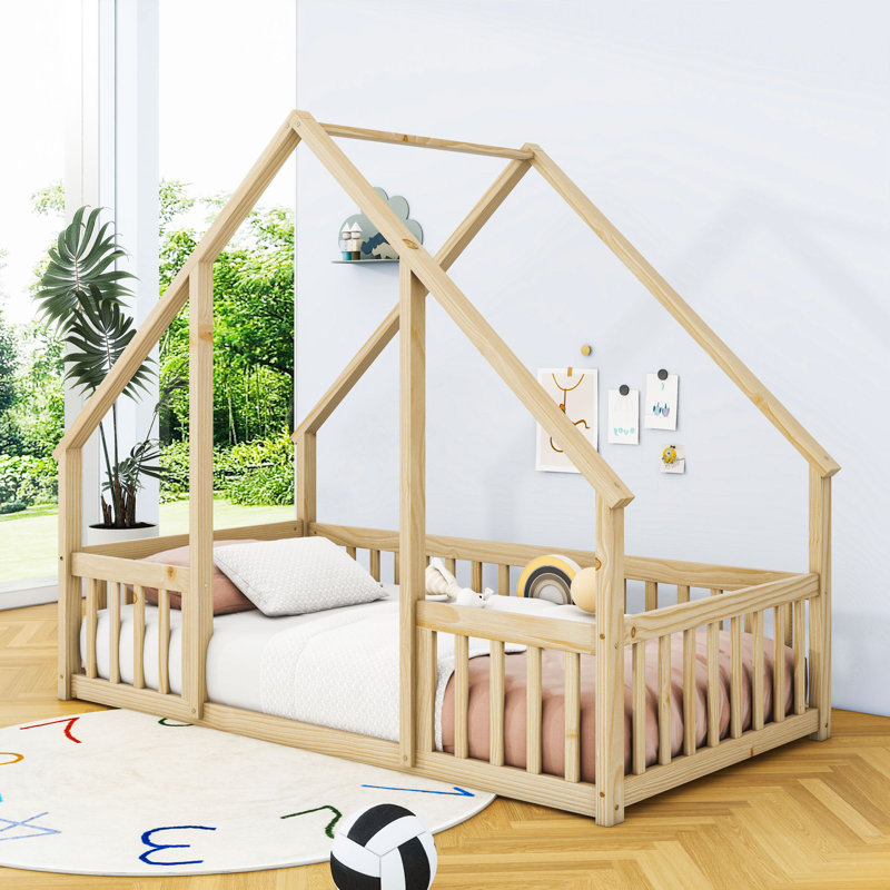 Lit en bois avec garde-corps en forme de maison, Simple, Naturel