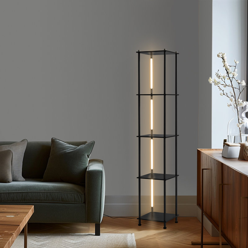 Aria 63 in. 3-Way Dimming LED Shelf Floor Lamp with Built-In Wireless Charging Pad, Matte Black