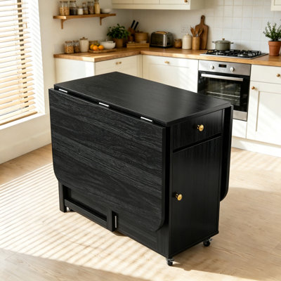 Small Drop Leaf Table - Folding Dining Table Set For 6, Fully Assembled Solid Wood Space-Saving Kitchen Table And Chairs Set With Storage & Lockable Wheels, Black, 59"