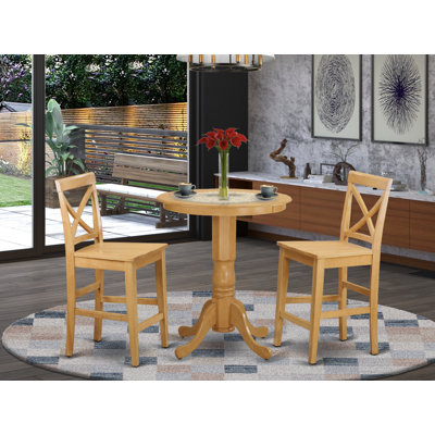 Ensemble de table de salle à manger 3 pièces à hauteur de comptoir comprenant une table ronde en bois avec piédestal et 2 chaises de cuisine, chêne