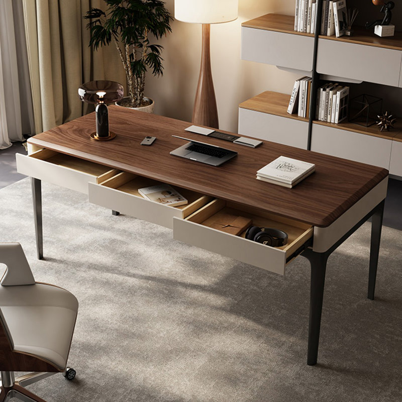 Bureau à 3 tiroirs brun noisette + beige + bois manufacturé rectangulaire noir + acier inoxydable