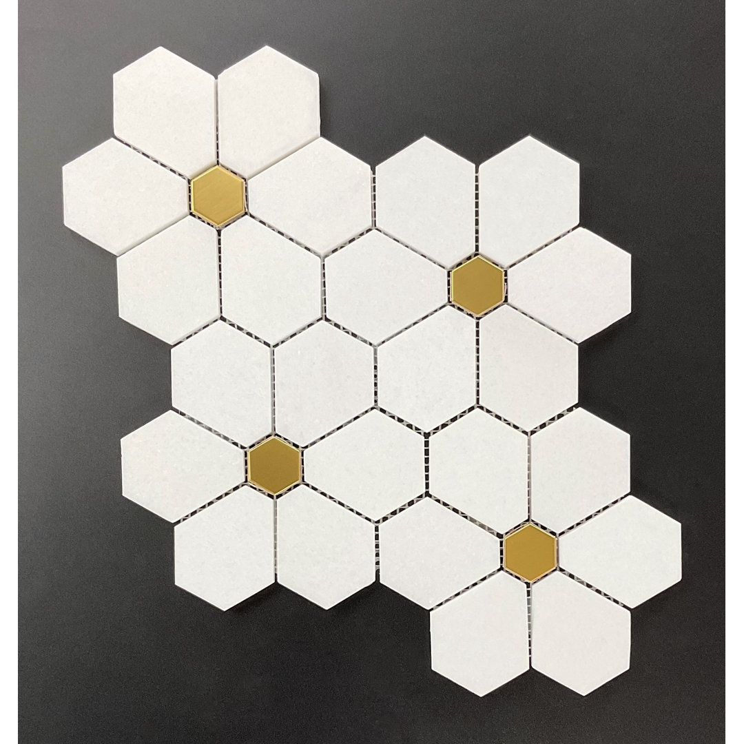 MFL Thassos White Marble with Gold Metal Large Daisy Pattern Wall and Floor Mosaic Tile (Set of 10) ES Stone