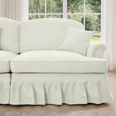 Elegant Mid Century Large 4 Seater Sofa Couch With Flared Arms And Removable Ruffles Pleats Skirts And Spindle Legs, Comfy Chenille Four-Seat Sofa For Living Room, Beige White
