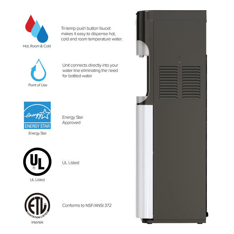 Brio Black Stainless Steel Bottleless Water Cooler Dispenser with 2-Stage Filter