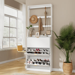 3 Doors Shoe Cabinet With Removable Shelves And Hanging Rack