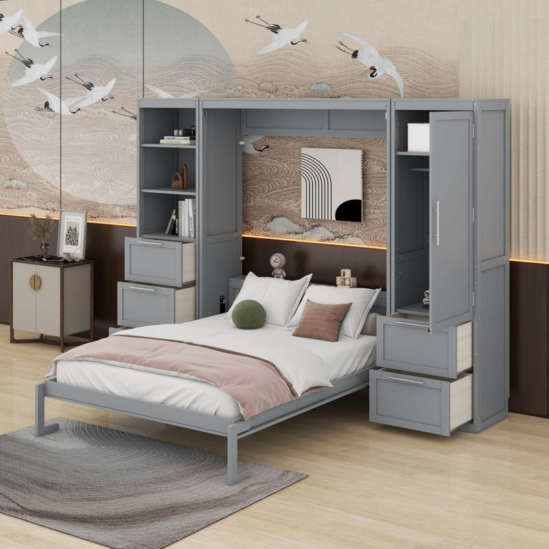 Grand lit escamotable mural avec placard, tablettes et tiroirs, Gris