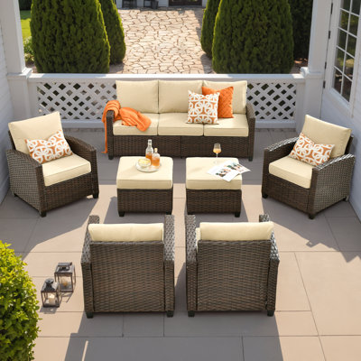 8 Pieces Outdoor Wicker Rattan Sofa Couch With 4 Chairs, Ottomans And Comfy Cushions, Patio Furniture Set With Firepit Table, All Weather High Back C