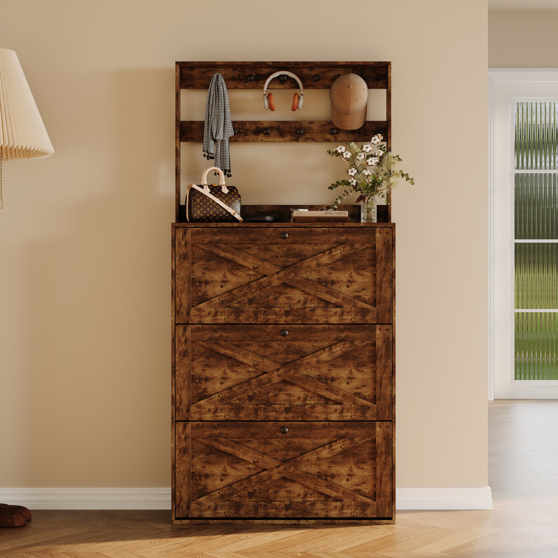 Armoire à chaussures avec 3 tiroirs rabattables et crochets, portemanteau et tablettes réglables, Brun rustique