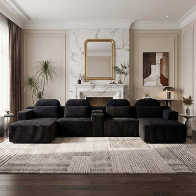 Black Corduroy 145.7" Oversized 6-Seater U-Shaped Modular Compression Sofa with Chaise & Cup Holders, Tool-Free Assembly for Home Theater & Luxury Living Rooms