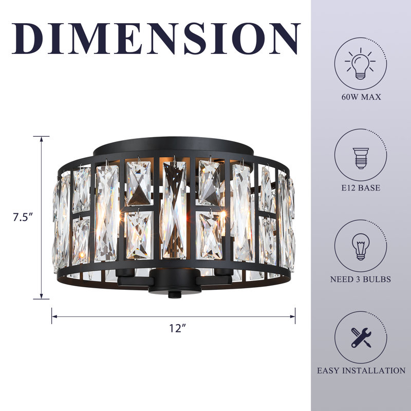 Leanni 3-Light 12" Crystal Flush Mount Ceiling Light, Black