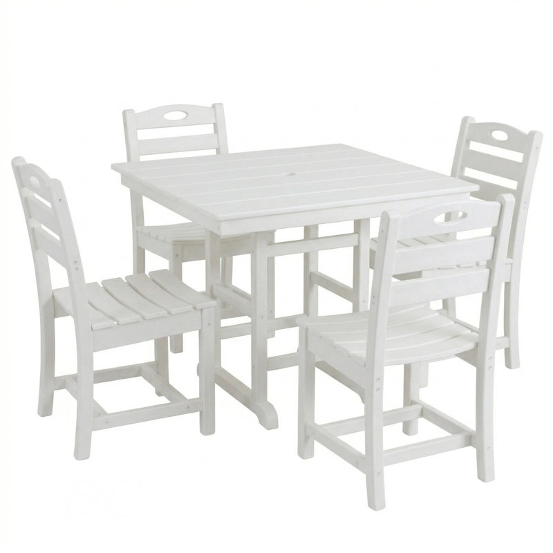 Ensemble repas d'extérieur pour 4, ensemble de patio 5 pièces avec table carrée et 4 chaises, trou pour parasol, White, 4
